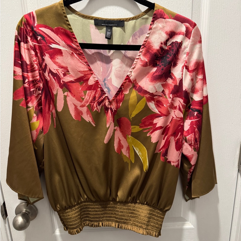 White House Black Market Olive Floral V-Neck Blouse